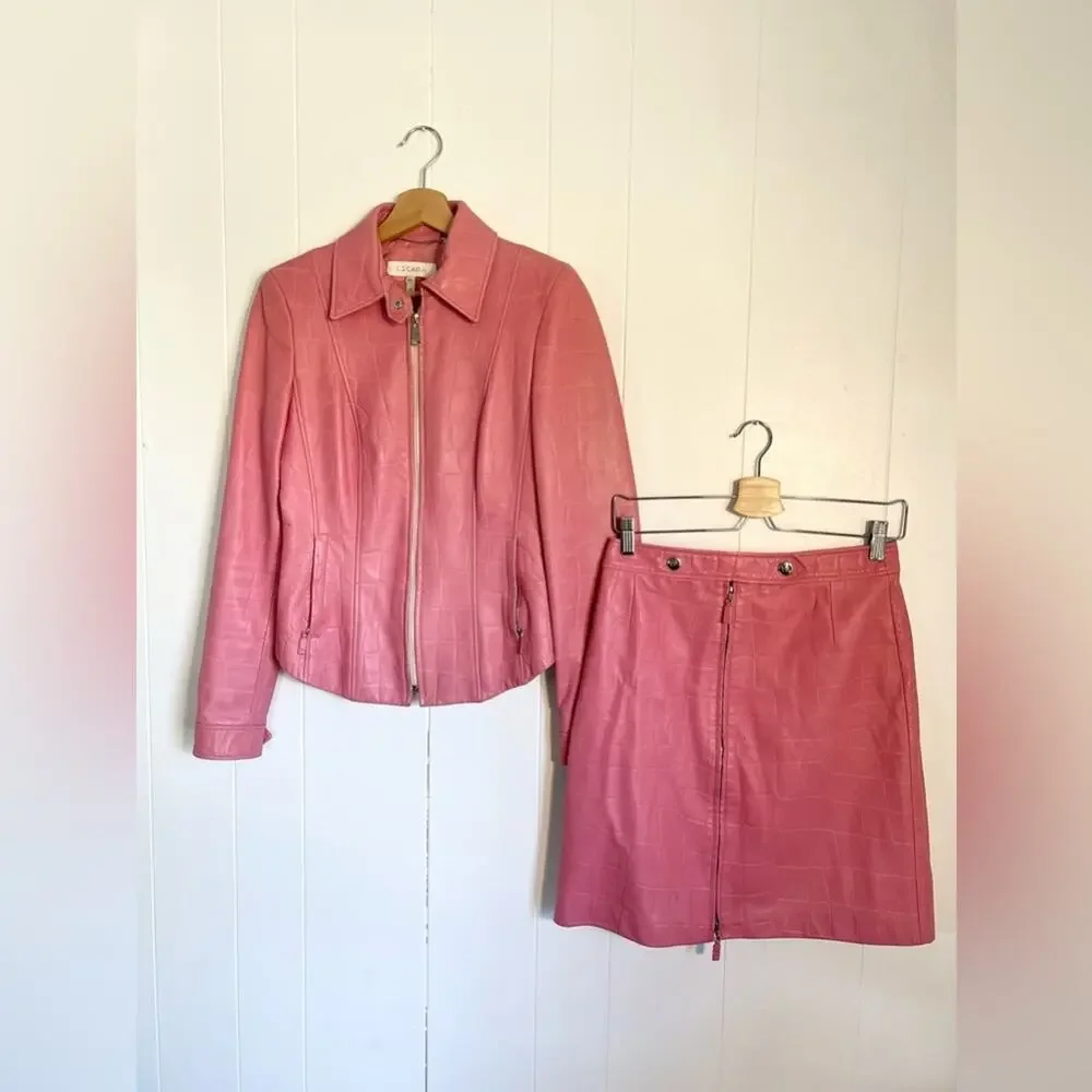 Escada 2/4 vintage RARE pink lamb leather skirt suit jacket set fall unique
